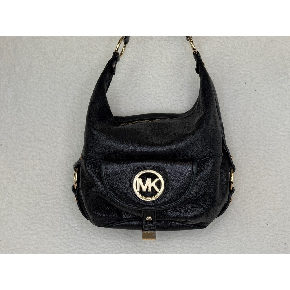 Michael Kors Fulton Hobo Bag Black Pebbled Leather Gold MK Logo Shoulder Bag - Picture 2 of 14